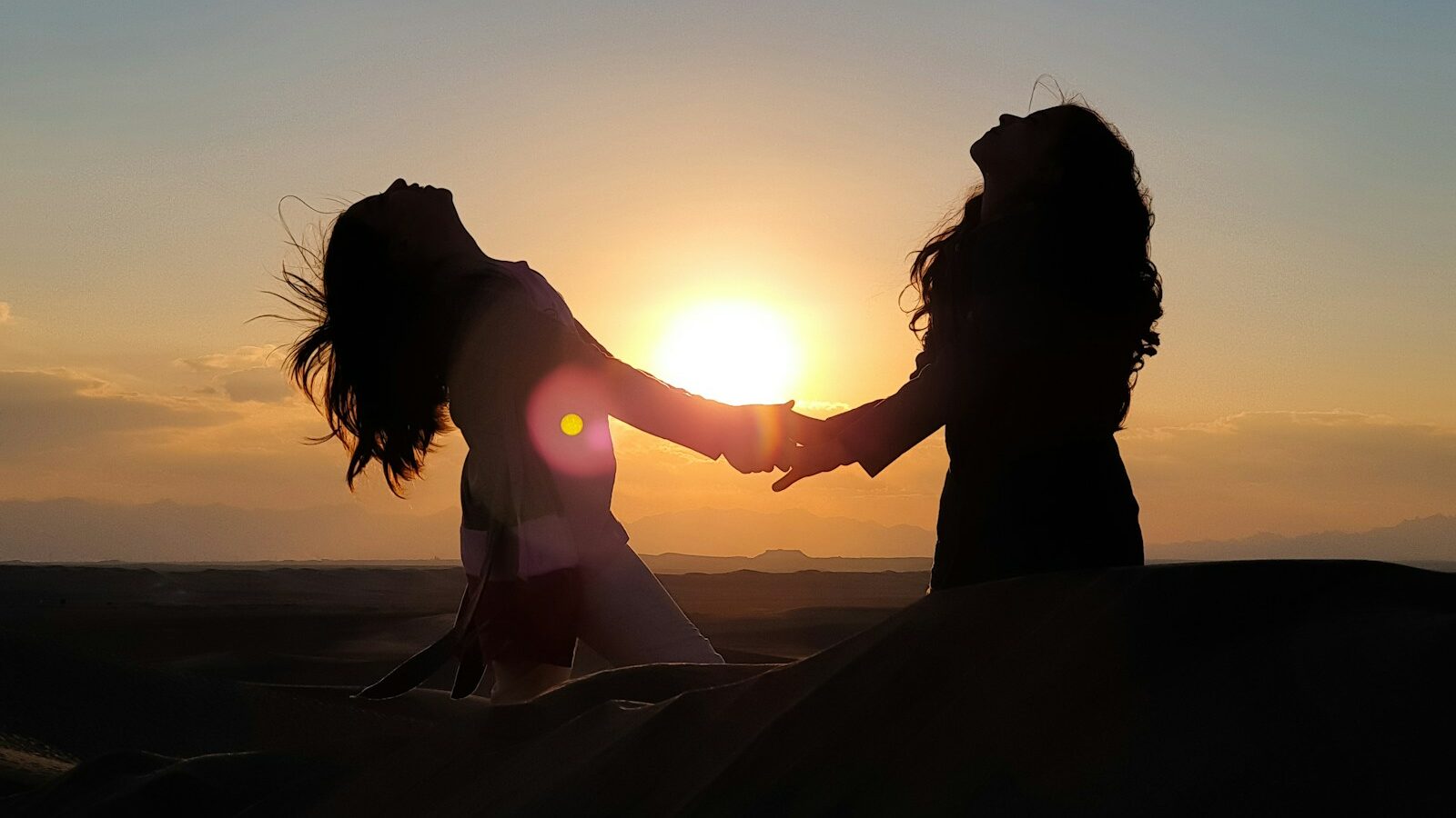 silhouette photo of two women holding each other hands